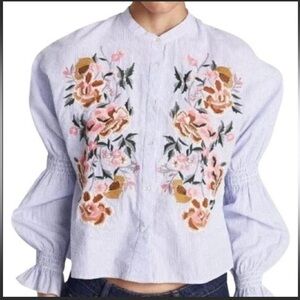 Zara Floral Embroidered Striped Button Down Cropped Shirt Size Large Casual